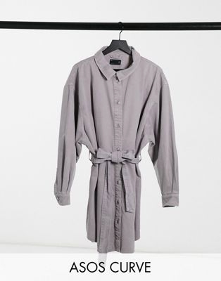 Лавандовое выбеленная джинсовое платье-рубашка в стиле oversized с поясом Curve