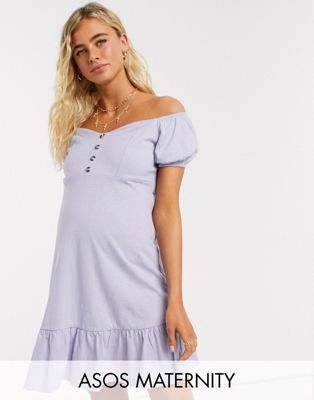 Лавандовое ярусное платье мини с открытыми плечами и короткими рукавами Maternity