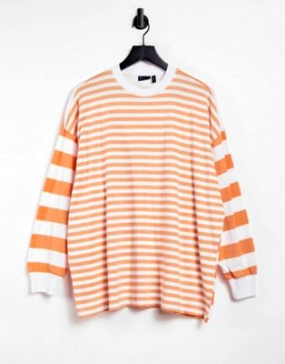 Oversized-лонгслив выбеленного абрикосового цвета со вставками в полоску