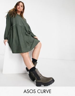 Платье super oversize цвета хаки в черную полоску с присборенной юбкой и длинными рукавами Curve